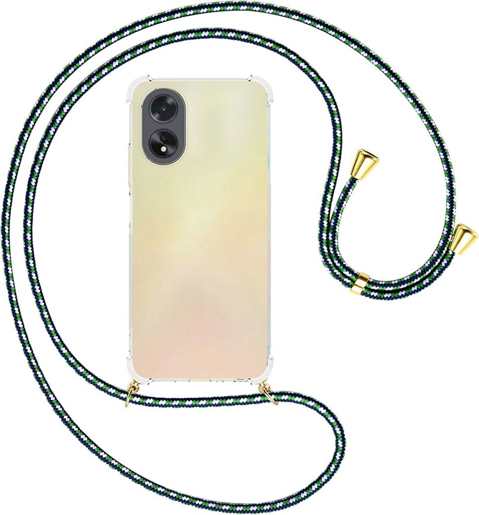 Handykette Backcover-Schutzhülle mit Band (Metall goldfarben) für Oppo A18 4G, A38 4G (CPH2579, 6.56'') - grün/blau/weiß