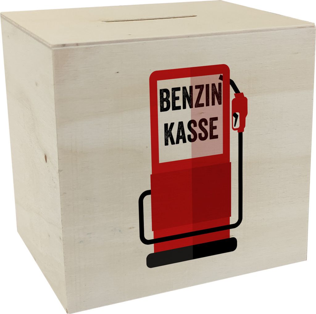 Benzinkasse Zapfsäule Spardose aus Holz mit weißem Hintergrund