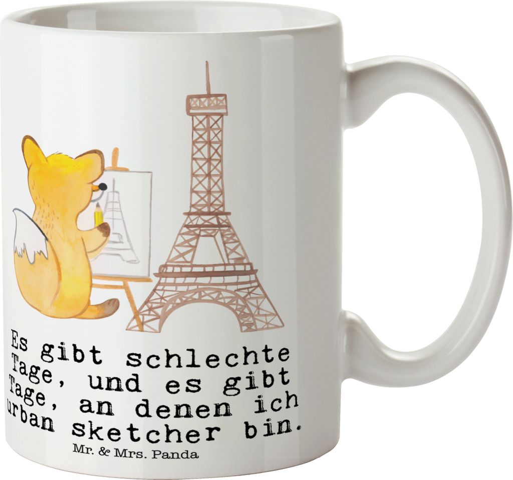 Mr. & Mrs. Panda Tasse Fuchs Urban sketching - Weiß - Geschenk, schöne, Kaffeepott, Malen, Zeichnen, Zeichenschule, Becher, Künstler, milchkaffe...