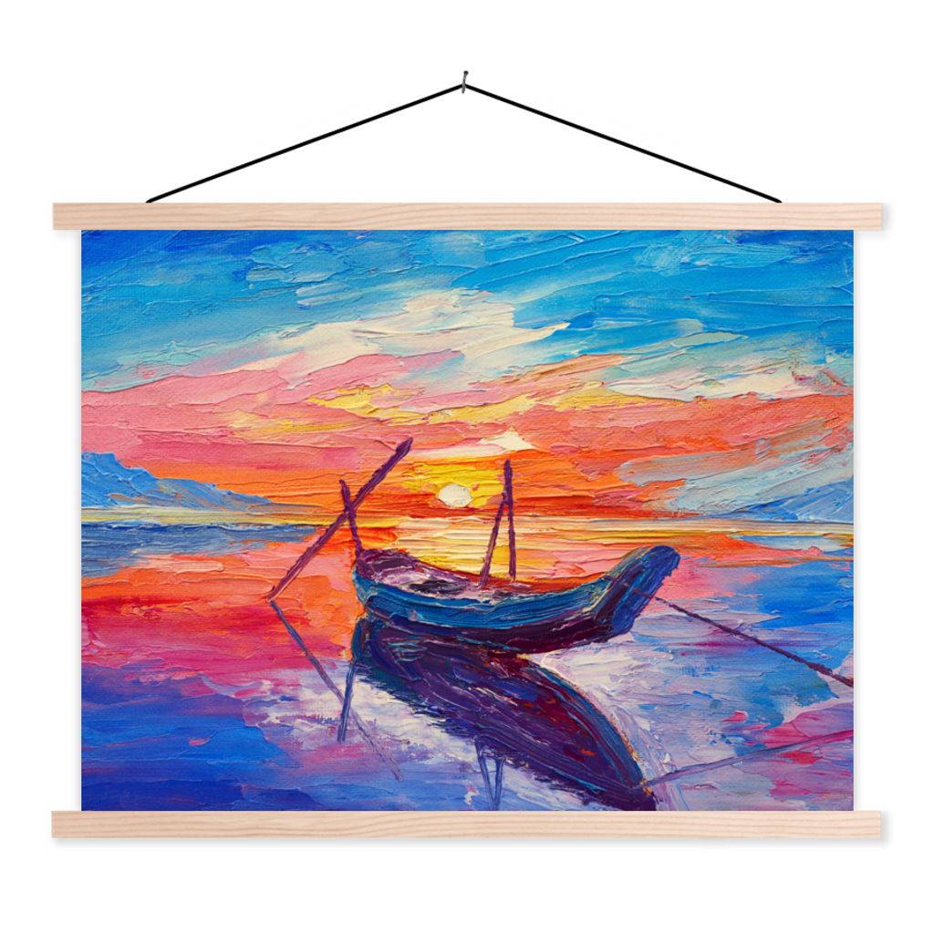 MuchoWow Textilposter Malerei - Boot - Ölfarbe - Wasser 120x90 cm mit holzfarbenen Rahmen - Magnetisch