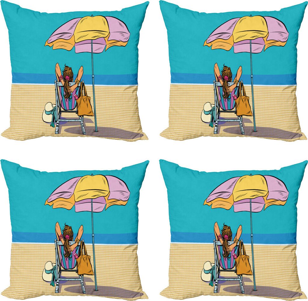 ABAKUHAUS Regenschirm-Mädchen Kissenbezug Set (4 Stück), Dame auf einem Liegestuhl, Moderner Doppelseitiger Digitaldruck, 45 cm x 45 cm, Pastell ...