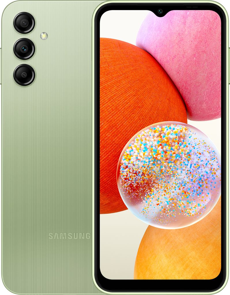 A light green Samsung Galaxy A14 smartphone is shown from the front and back.