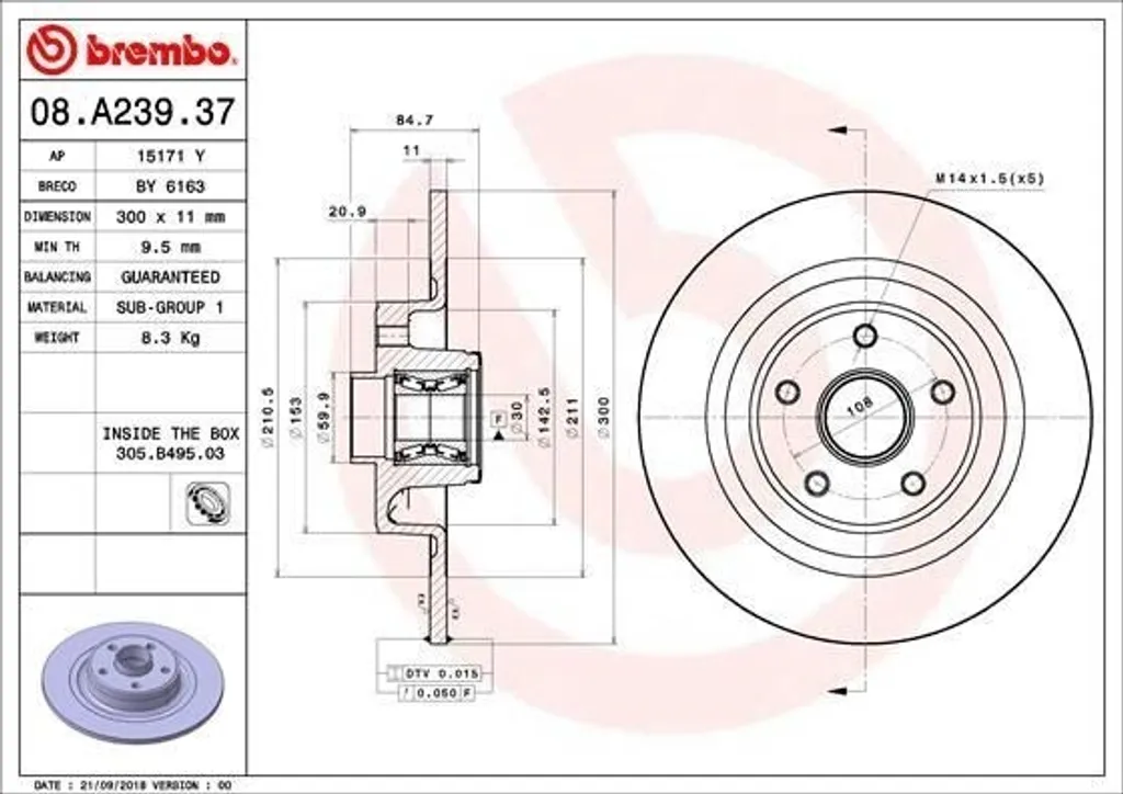 Disque de frein Brembo 08.A239.37 pour Renault Espace IV et Vel Satis
