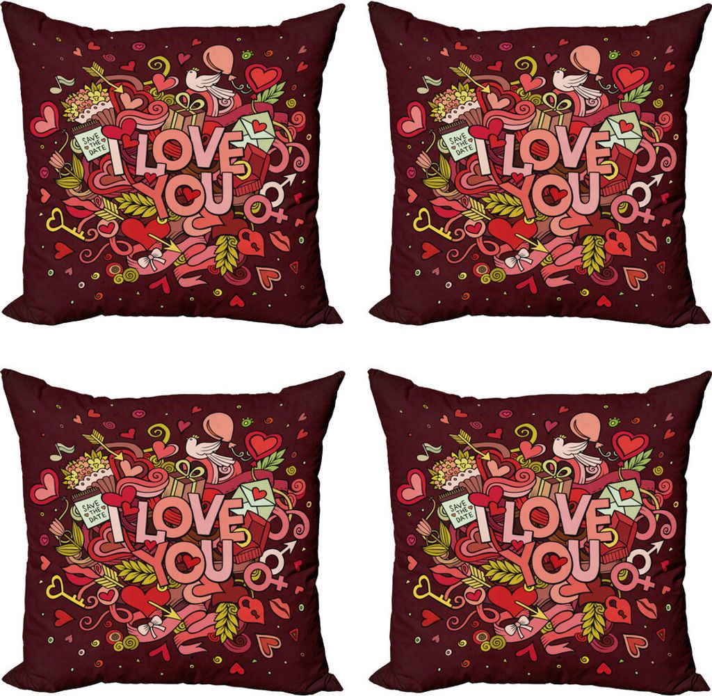 ABAKUHAUS Romantisch Kissenbezug Set (4 Stück), Funky Herz-Pfeile, Moderner Doppelseitiger Digitaldruck, 50 cm x 50 cm, Coral Burgundy Gelb