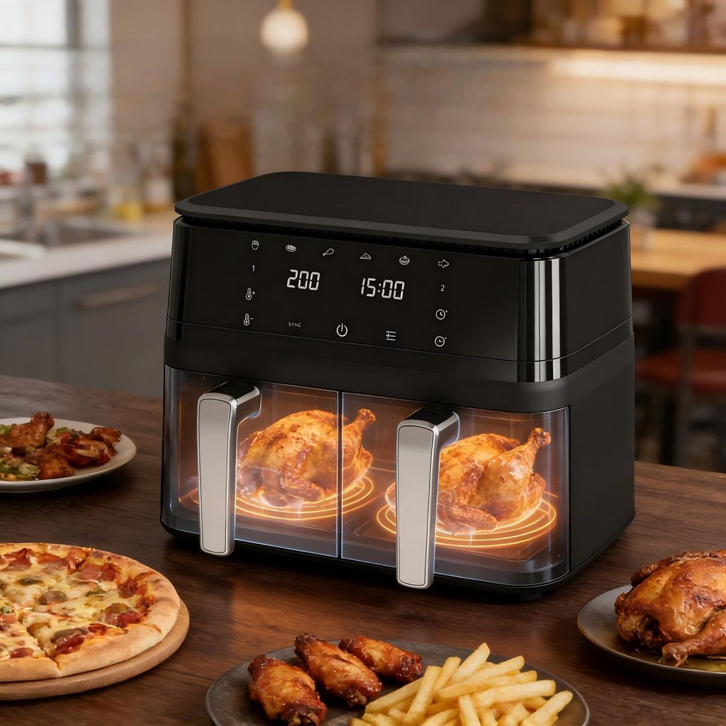 AIORBER Doppel Heißluftfritteuse 9L Airfryer Dual Zone 2 Körbe 200°C Timer 60 Min 360° Luftzirkulation Ohne Öl Fritteuse Schwarz