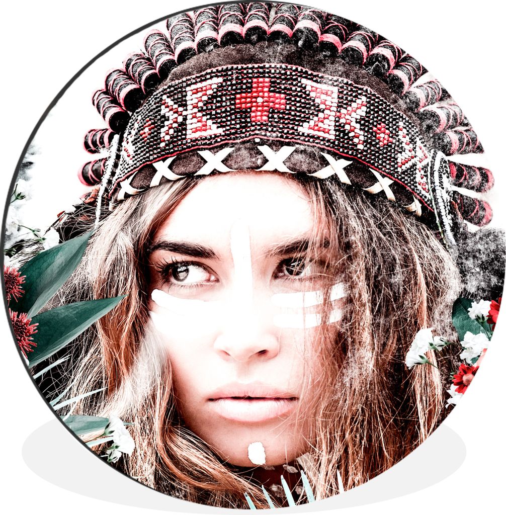 MuchoWow Aluminium Wandkreis Frau - Blumen - Indischer Kopfschmuck - Rosen - Blumen Ø 60 cm Wanddeko Modern Wohnzimmer - Wand Kreis - Wandbild -...