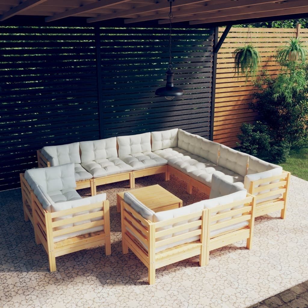 Möbel 12-tlg. Garten-Lounge-Set mit Creme Kissen Massivholz Kiefer - Balkonmöbel 3096941