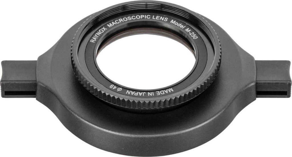 A close-up, front-facing view of a Raynox DCR-250 macroscopic lens attachment.