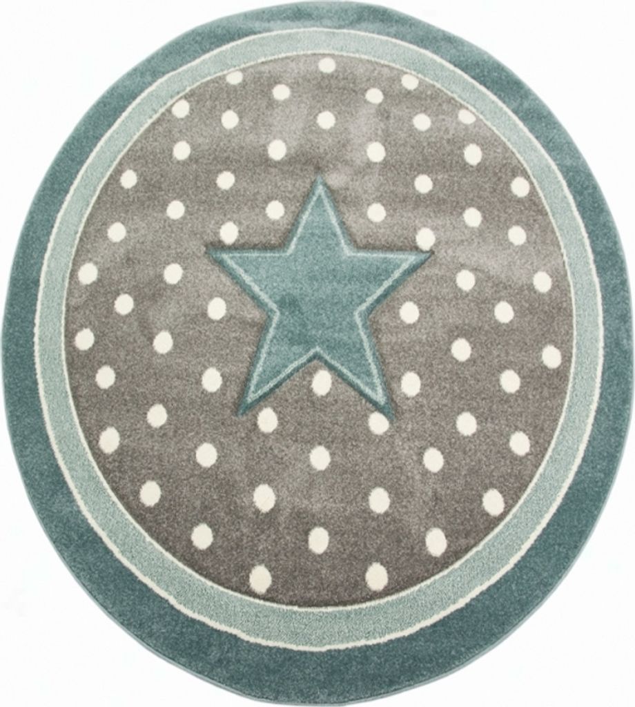 Kinderteppich Spielteppich Babyteppich Mädchen runder Teppich mit Stern türkis grau Größe - 80 cm Rund