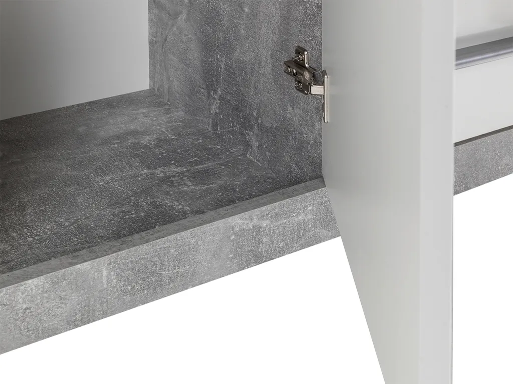 Buffet laqué blanc brillant style industriel béton avec rangements - 7