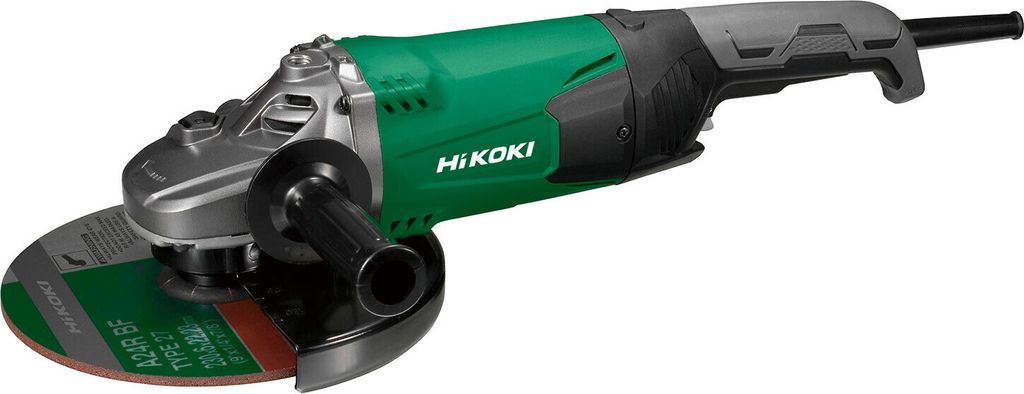 A professional studio shot of a Hikoki angle grinder against a white background.