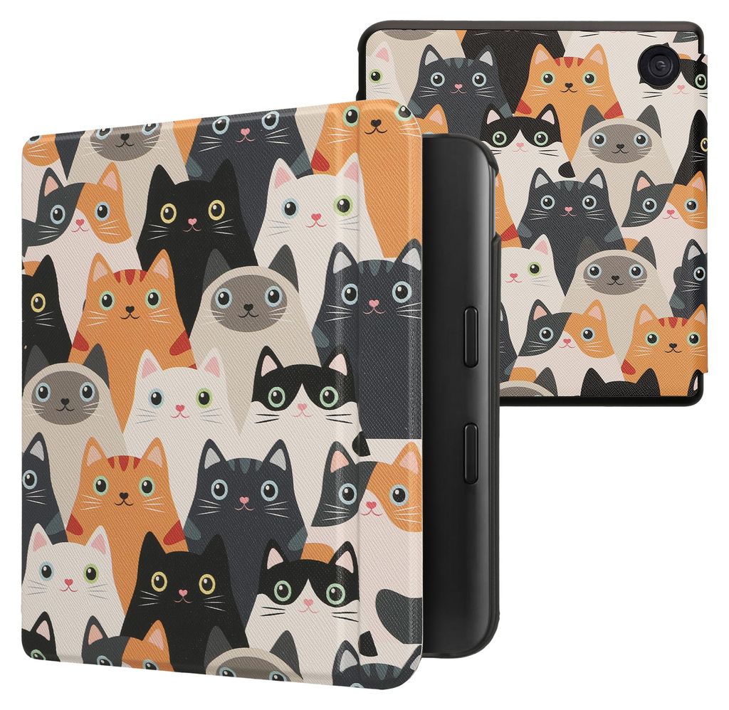 kwmobile Schutzhülle für Kobo Kobo Libra Colour / Tolino Vision Color Hülle - eReader Flip Case mit Auto Sleep Funktion - Katzen mit Orange Schwarz