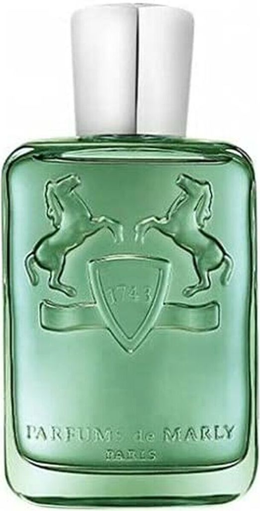 A green glass perfume bottle with a silver cap, featuring embossed horses and a shield emblem.