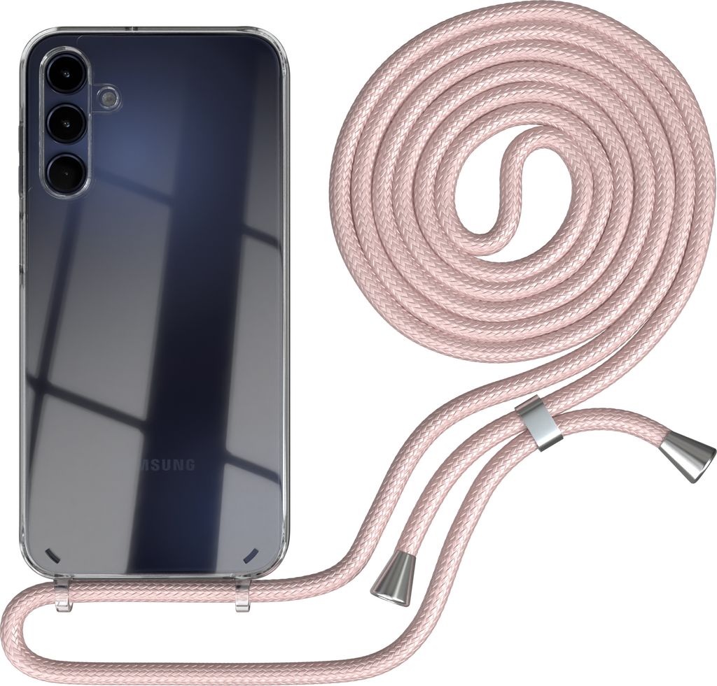 EAZY CASE Handykette kompatibel mit Samsung Galaxy A15, Handyhülle mit Umhängeband, Handykordel, Schutzhülle Clear, Band in Rosa