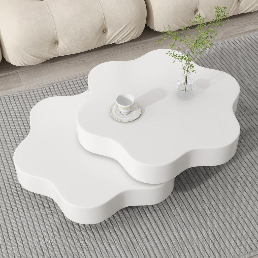 MODFU Sofatisch mit Doppelschichtiger Design,Drehbarer Couchtisch Beistelltisch in Blumenform,mit 2 Ablageflächen und frei drehbare obere Tischpla...