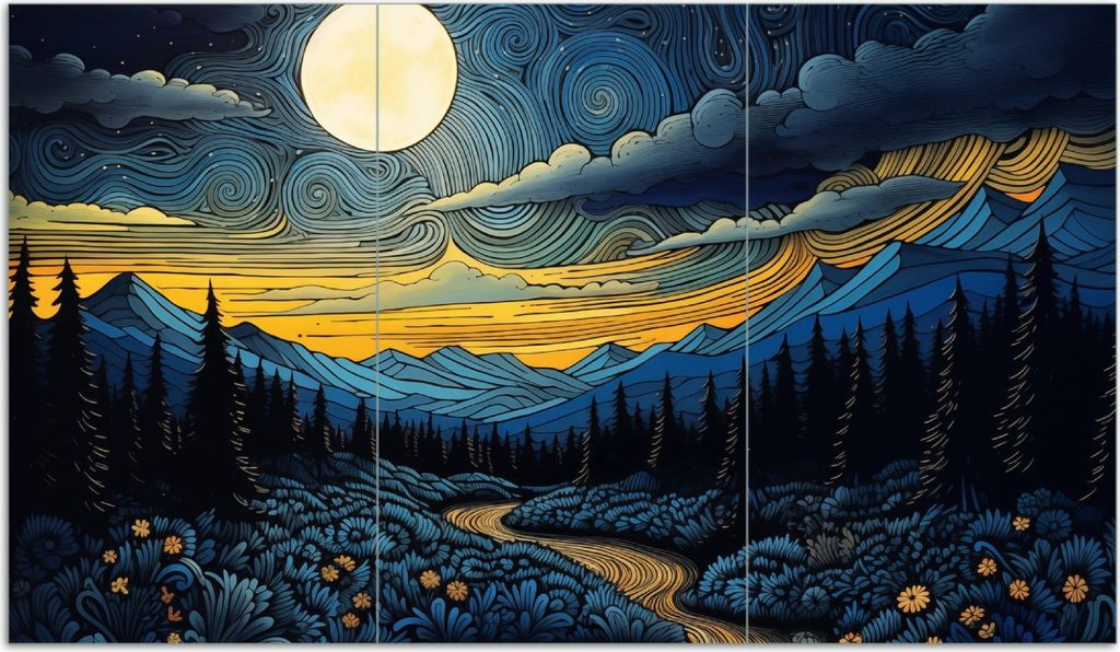 Wallario Herdabdeckplatte aus Glas, Größe 90 x 52 cm 3-teilig, Motiv Mondschein über den Bergen