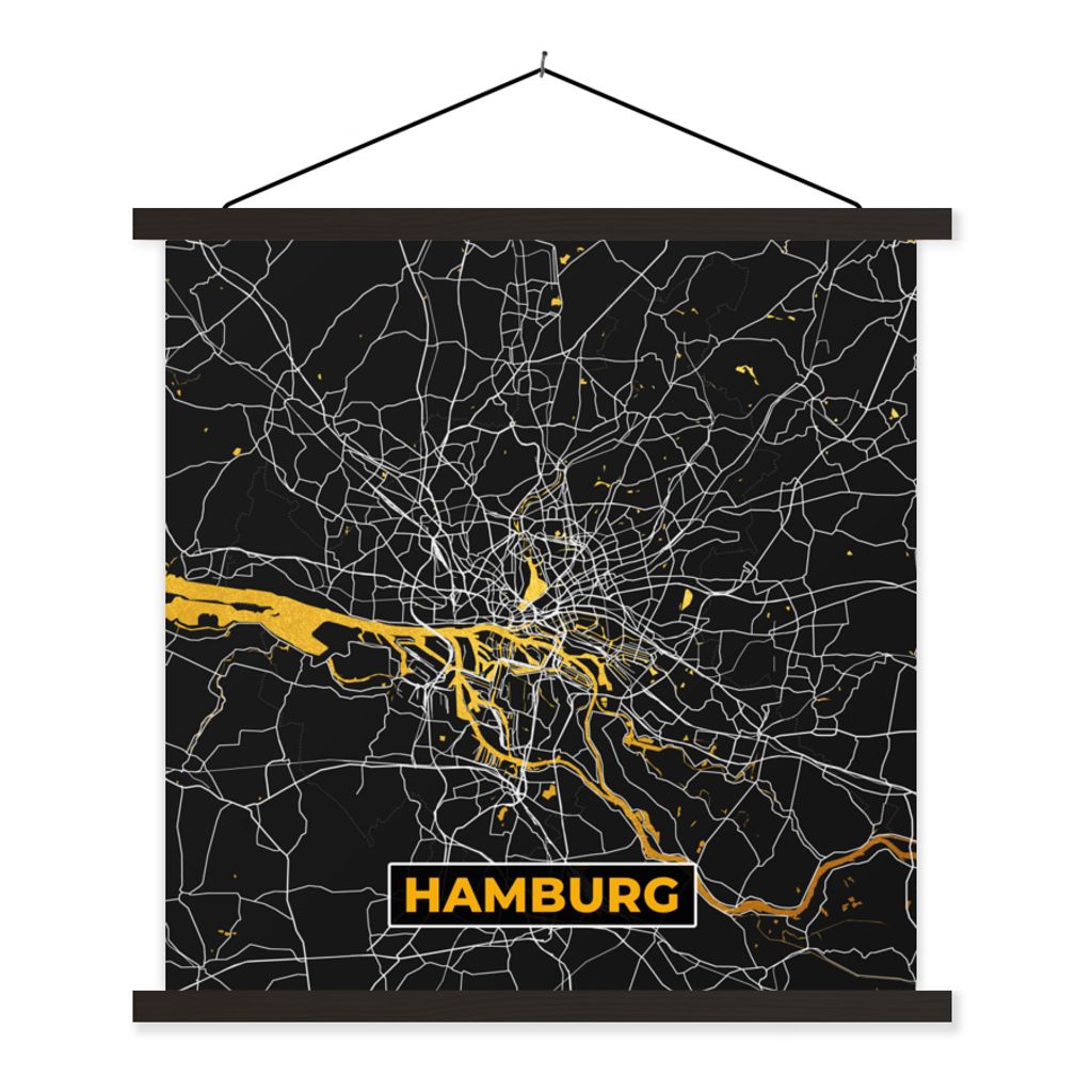 MuchoWow Textilposter Hamburg - Deutschland - Karte - Gold - Stadtplan 60x60 cm mit schwarzem Rahmen - Posteraufhänger