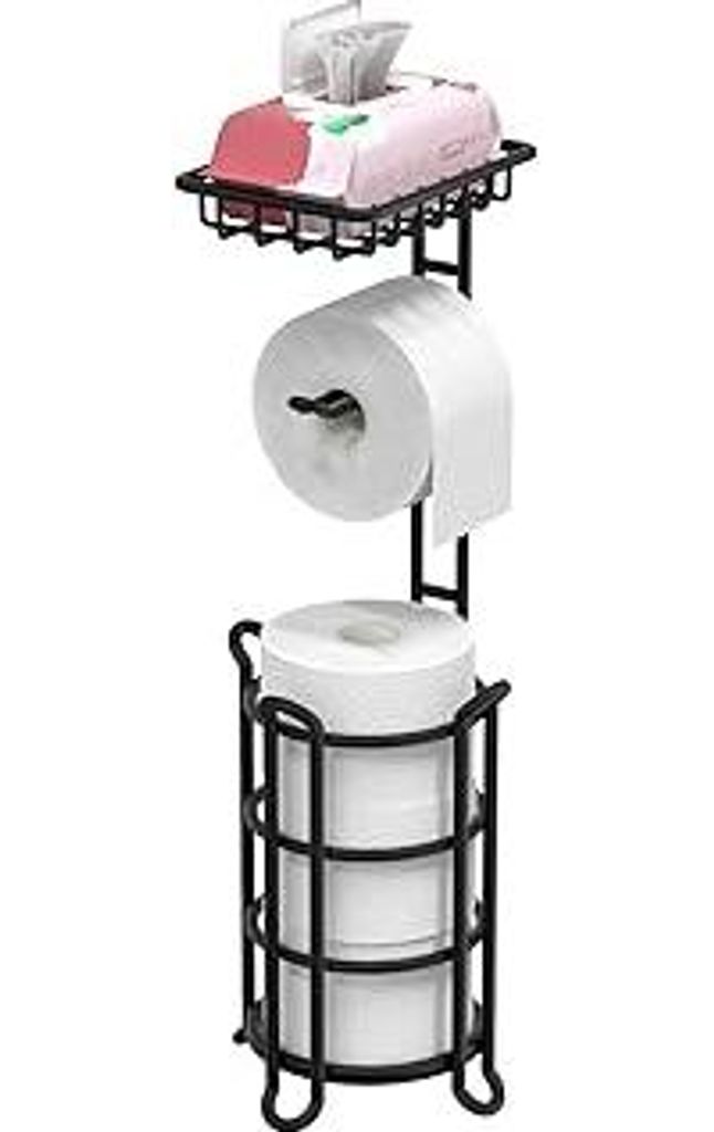 TreeLen Toilettenpapierhalter freistehend mit Ablage, Toilettenpapierständer mit Aufbewahrung für Reserve Mega Rolls, Badezimmer-Organizer, Schwarz
