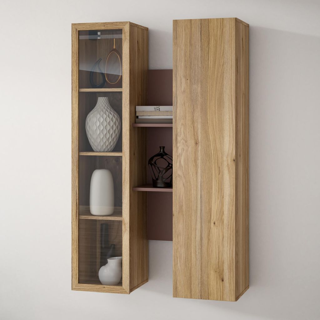 Forte BREATHTAKER Hängevitrine 80 90, moderner Skandi-Stil, 2-türig, beleuchtet, offene Ablage, Wandmontage, Terrakotta/Mauvella Eiche Holzdekor,...