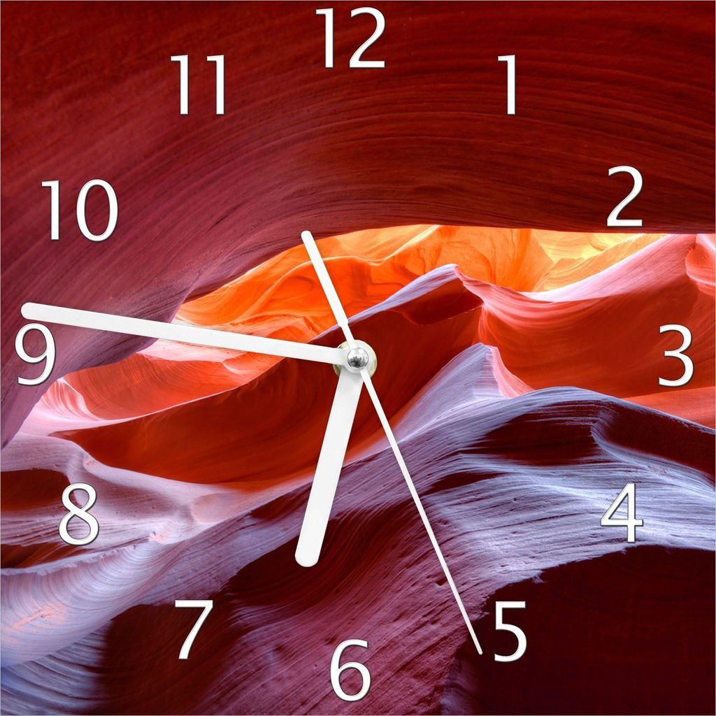 Wallario Design Wanduhr Antelop Canyon USA Kalksandsteingebirge in leuchtenden Farben aus Echtglas, Größe 20 x 20 cm