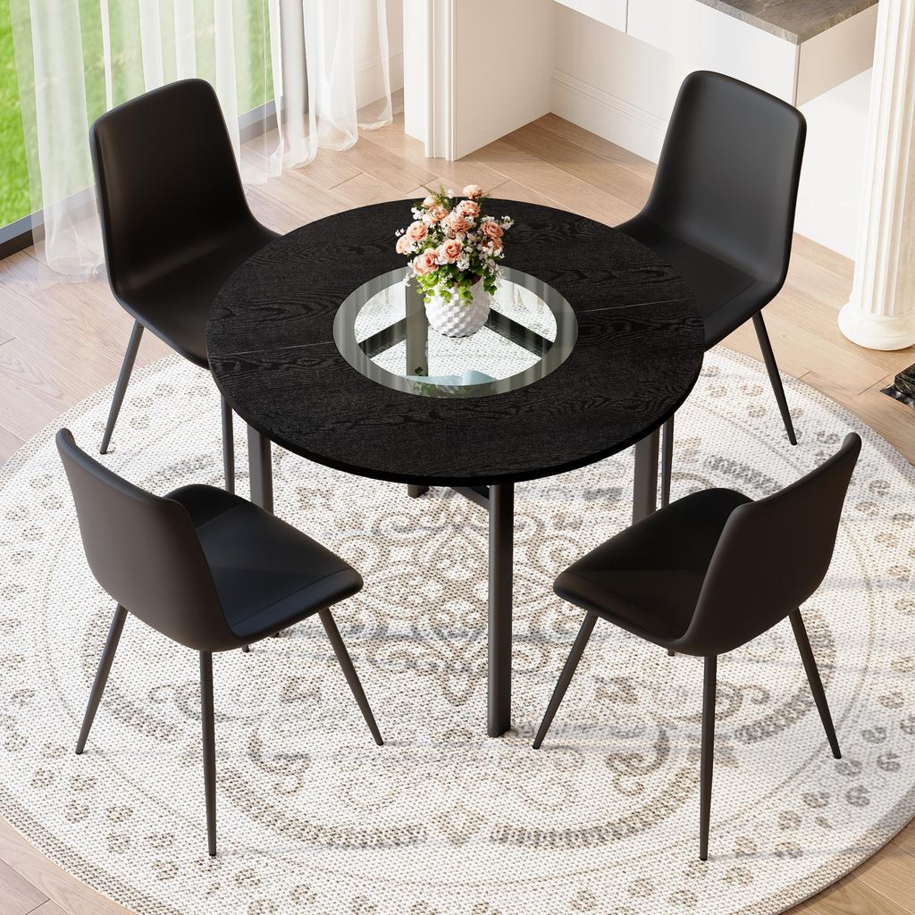 Modernes Esstisch Set 100cm Rund 5-teilig mit 4 Stühlen Schwarz Tech-Stoff, Sitzgruppe Schwarz Holzoptik mit ESG Sicherheitsglas, Esszimmergruppe ...