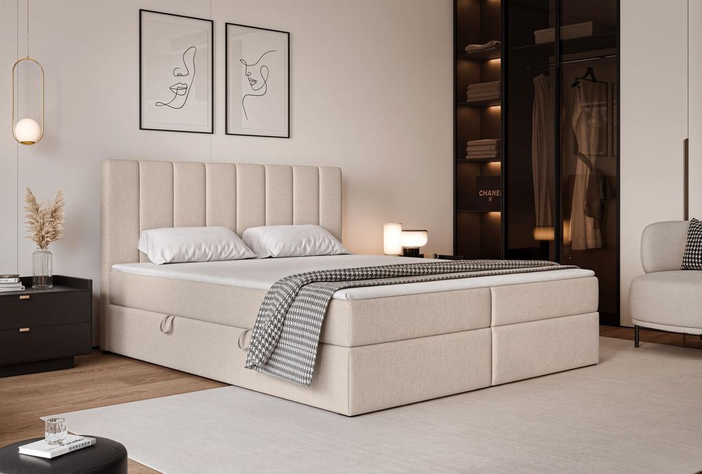 LEO Polsterbett 200x200 cm, Doppelbett/Jugendbett, Klassisches Bett, Stauraumbett mit Bettkasten und Topper, in Farbe Hellbeige Herbi 50