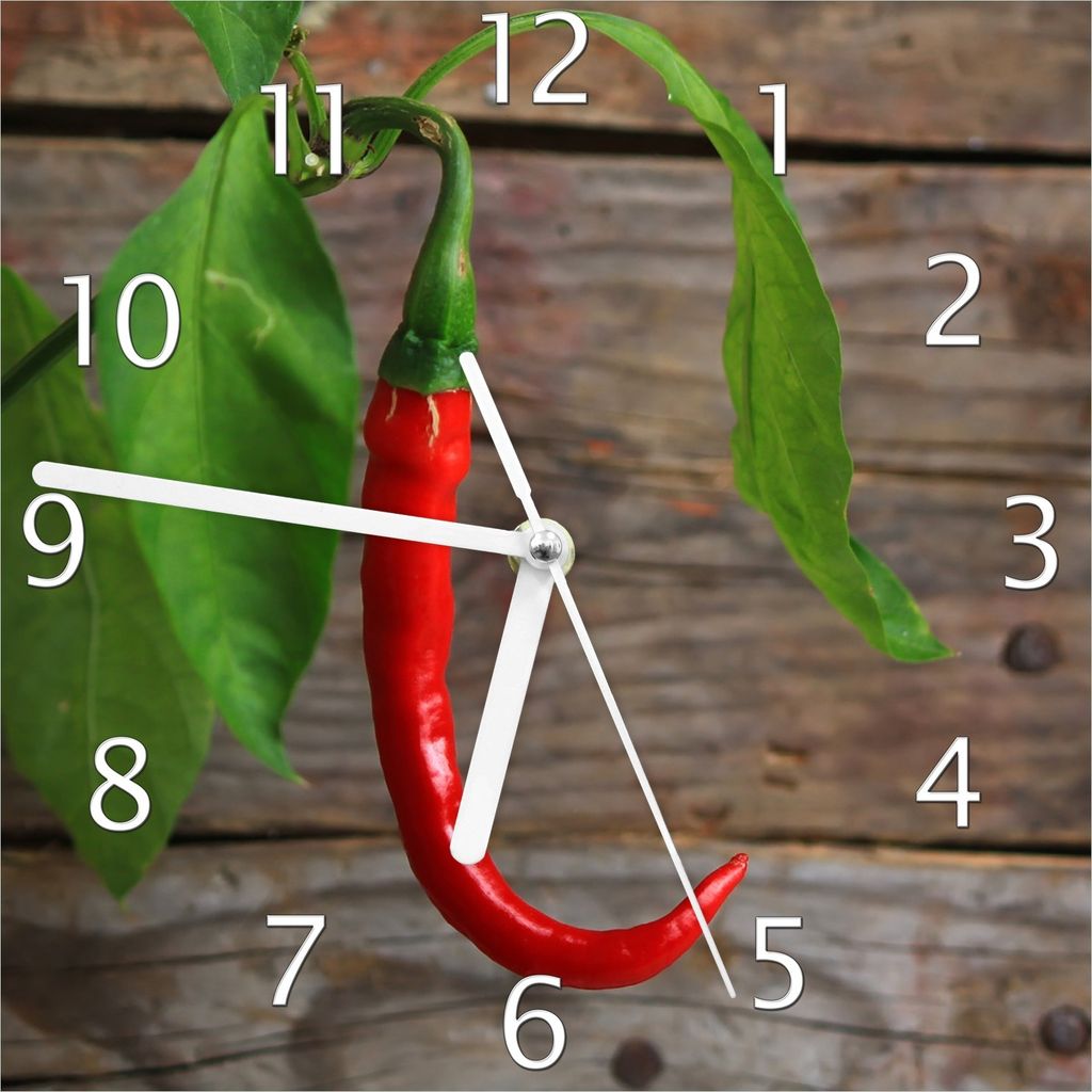 Wallario Design Wanduhr Hängende Chili-Schote aus Echtglas, Größe 20 x 20 cm