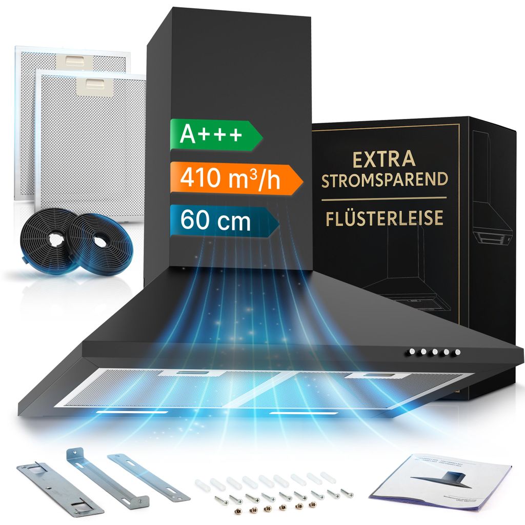 A collage showing a black range hood with its accessories and packaging.