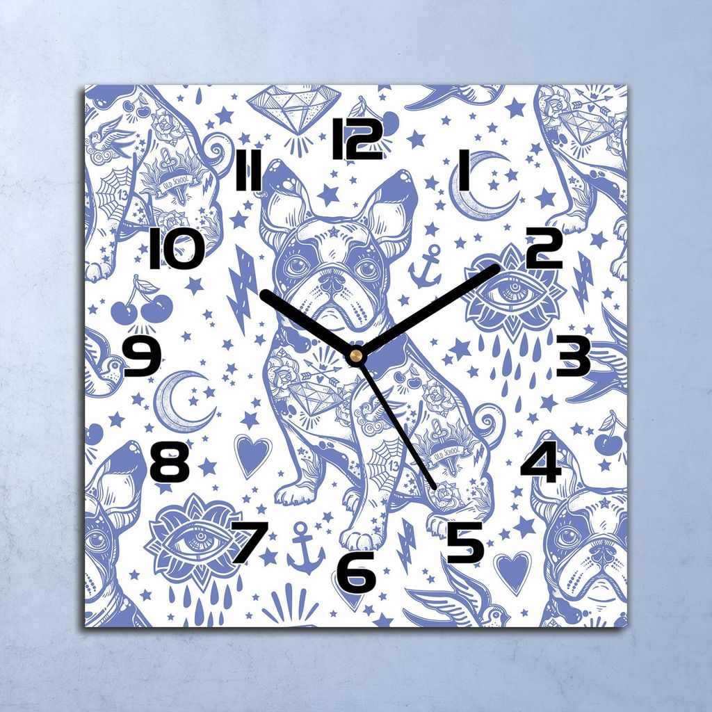 Wanduhr Echt-Glas-Küchenuhr Blaue Französische Bulldogge 30x30 Deko Bilder
