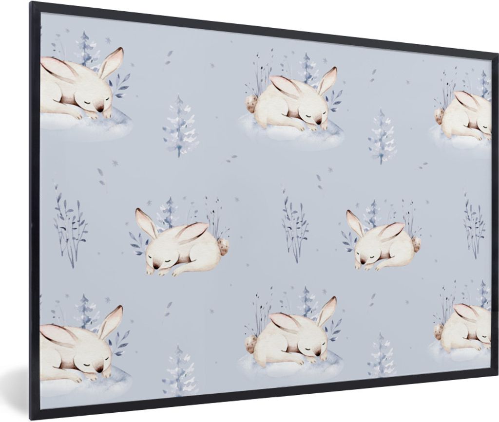 MuchoWow Gerahmtes Poster Winter - Kaninchen - Muster 30x20 cm - Poster mit Schwarzem Bilderrahmen Wandposter Rahmen Foto Bilder - Kunstdruck - B...
