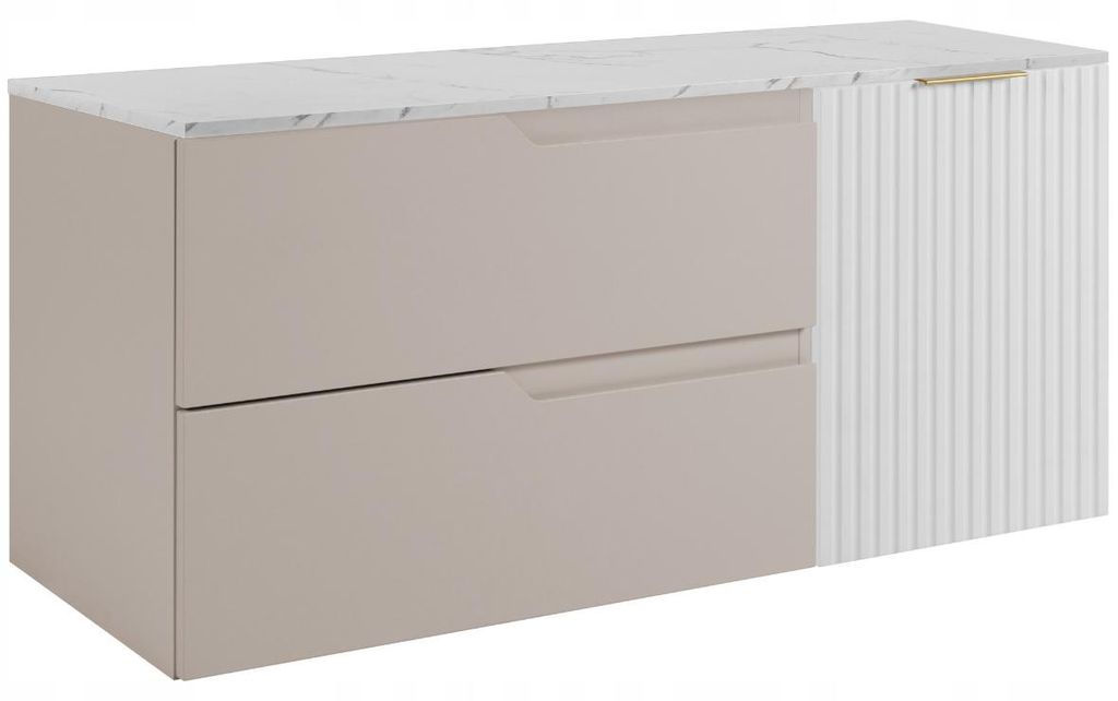 RODAN | Waschbeckenunterschrank Kaschmir 100 cm - Tischplatte in Weißmarmoroptik - 2 Schubladen - Hängend - MDF - Weißer Schrank mit 1 Tür - MO...
