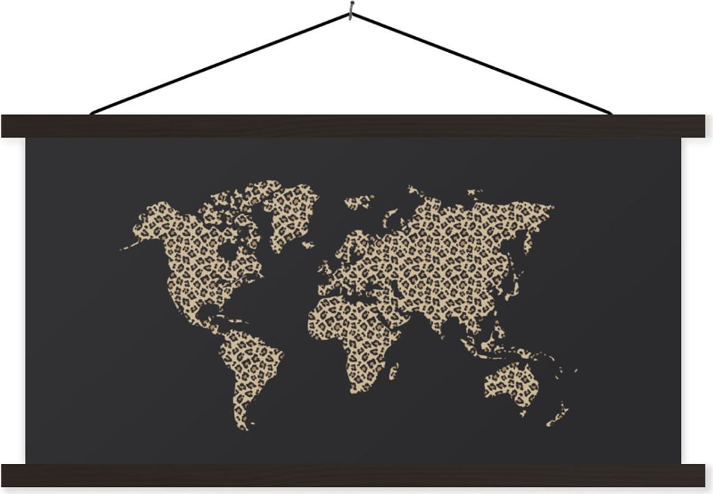 MuchoWow Textilposter Weltkarte - Leopardenmuster - Tiere 120x60 cm mit schwarzem Rahmen - Dekoration Schlafzimmer