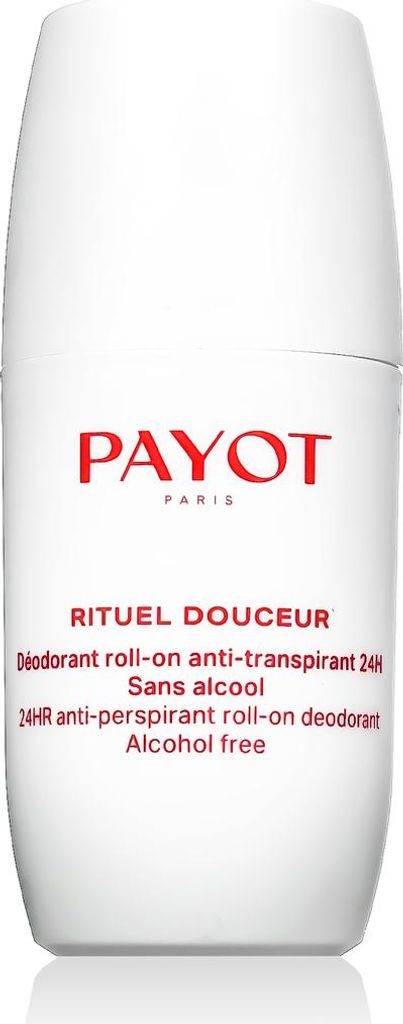 A white roll-on deodorant bottle with red text.