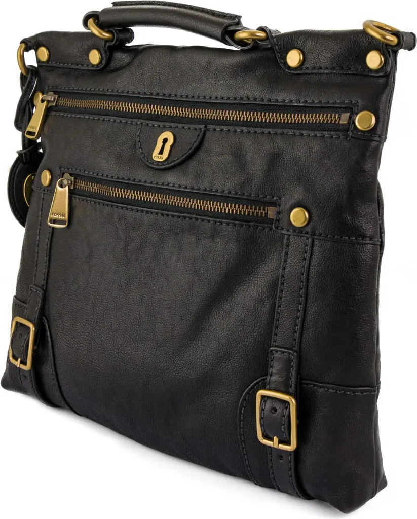 Sac Fossil Emilia Flat Crossbody Noir en cuir avec bandoulière réglable