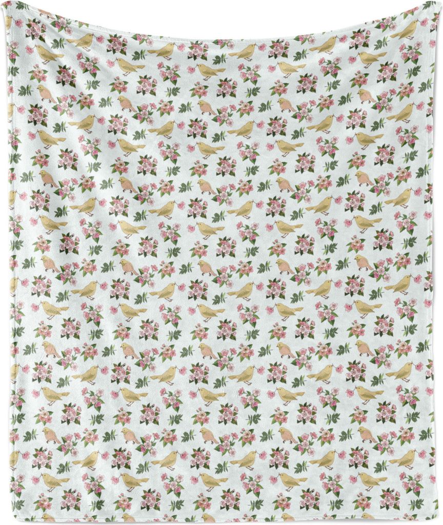 ABAKUHAUS Blumen Weich Flanell Fleece Decke, Vögel und Blumen auf einem hellblauen Hintergrund, 175 x 230 cm, Mehrfarbig
