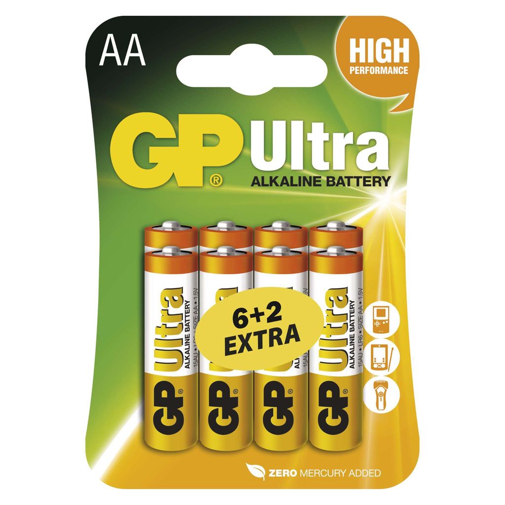 baterie Alkalická, AA, 1.5V, GP, 8-pack, ultra, (6+2 zdarma) cena za 1ks po sleve