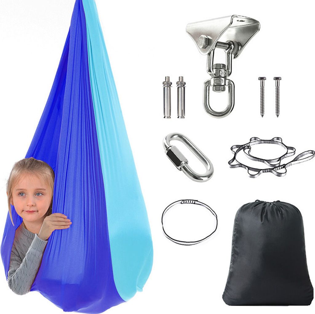 (Dunkelblau + Himmelblau) Kinder-Hängematten-Schaukel, doppellagig, für drinnen und draußen, zum Aufhängen, Yoga-Schaukel, Schaukelstuhl 150cm