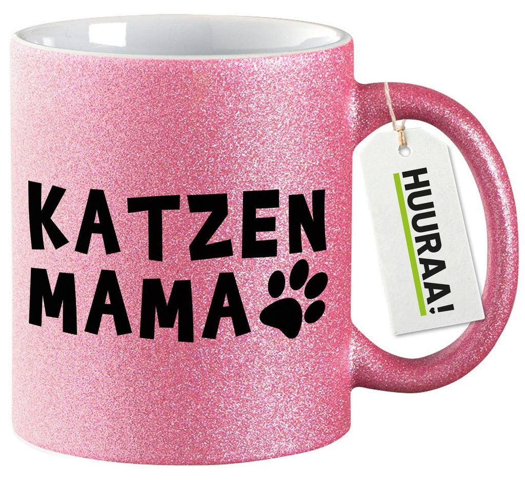 Huuraa Glitzertasse Katzenmama Tapse 330ml Pink Keramik Kaffeebecher Geschenkidee