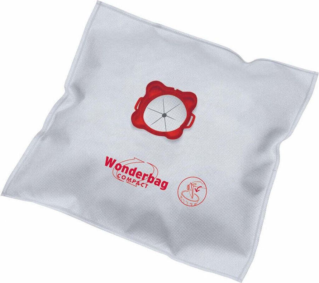 A white vacuum cleaner bag with red branding and a red plastic adapter.