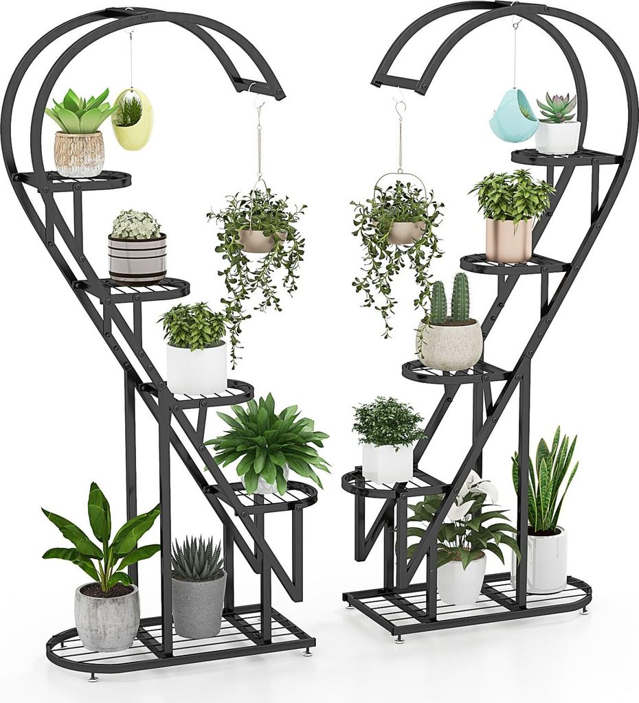 5-stufiger Pflanzenständer Metall, Blumentreppe Herzförmig mit 4 Haken, 148cm Blumenständer mit Kippschutz, Blumenregal für Balkon Garten (Schw...