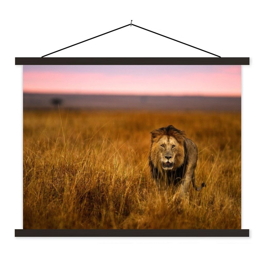 MuchoWow Textilposter Löwe - Savanne - Gras 60x45 cm mit schwarzem Rahmen - Poster Schlafzimmer
