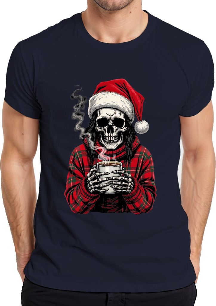 Weihnachtsmann Totenkopf Skelett Kaffee rot Karomuster Gothic Herren T-Shirt, Navy, XL