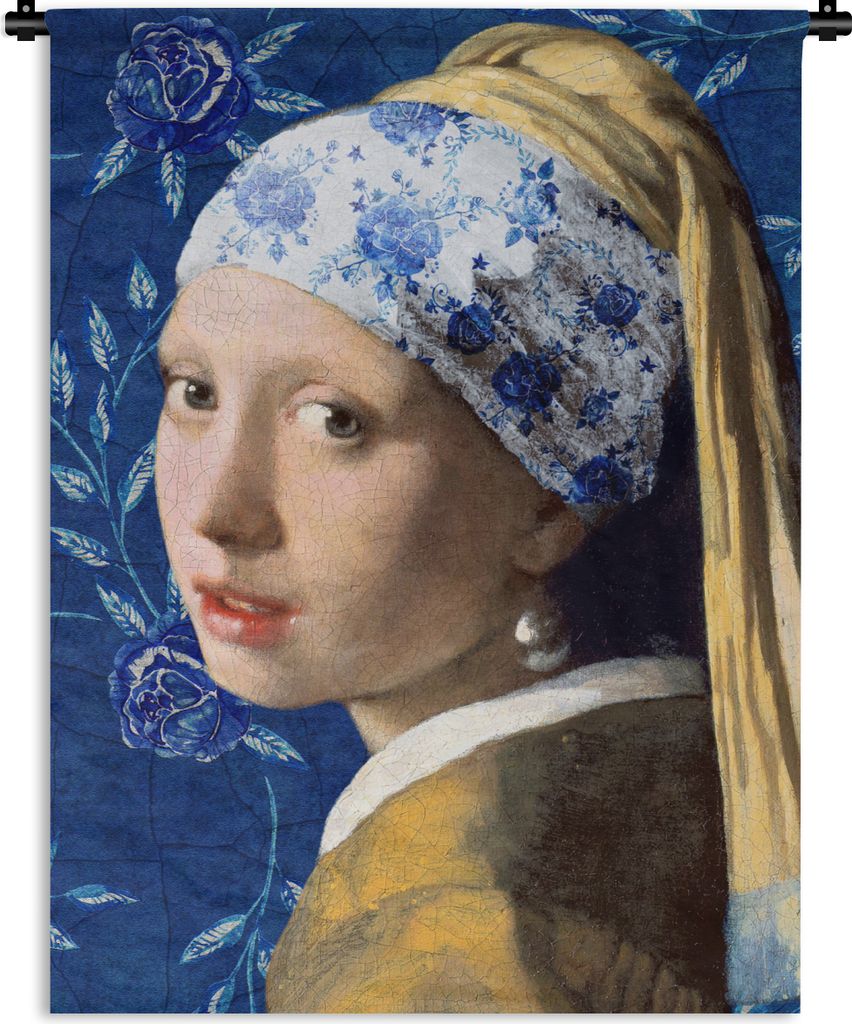 MuchoWow Wandteppich Wandbehang Mädchen mit Perlenohrring - Delfter Blau - Vermeer - Blumen - Gemälde - Alte Meister 90x120 cm Tapisserie Dekor...