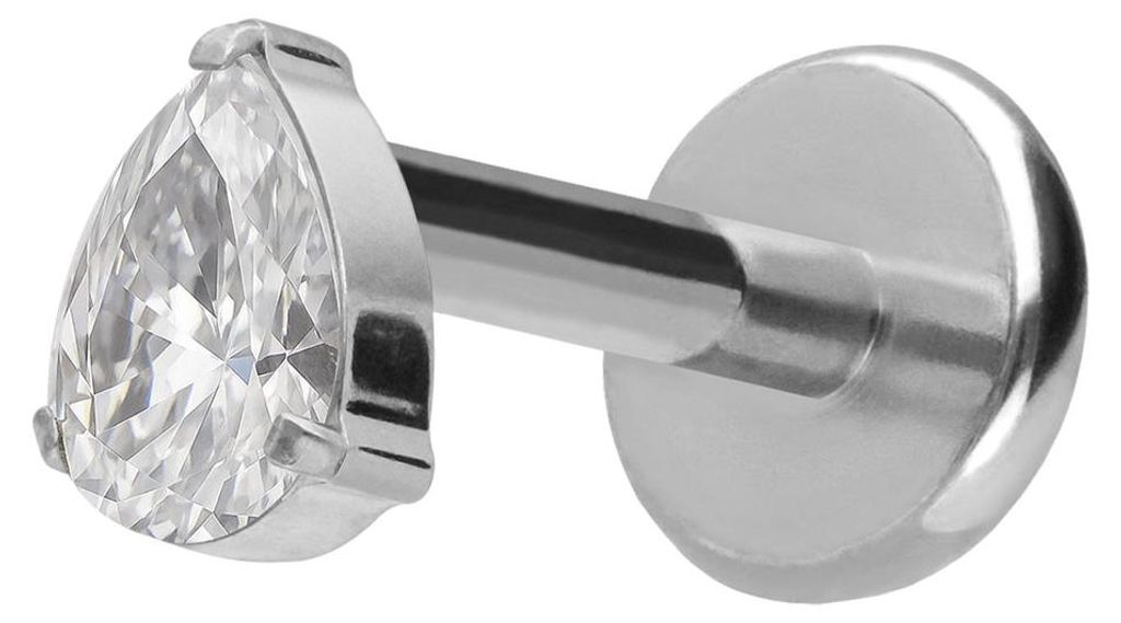 Ohrpiercing, Nasenpiercing Titan Labret mit Push Fit KRISTALLTROPFEN Silber Stablänge: 8mm | Stabstärke: 1mm | Discgröße: 5 x 7mm