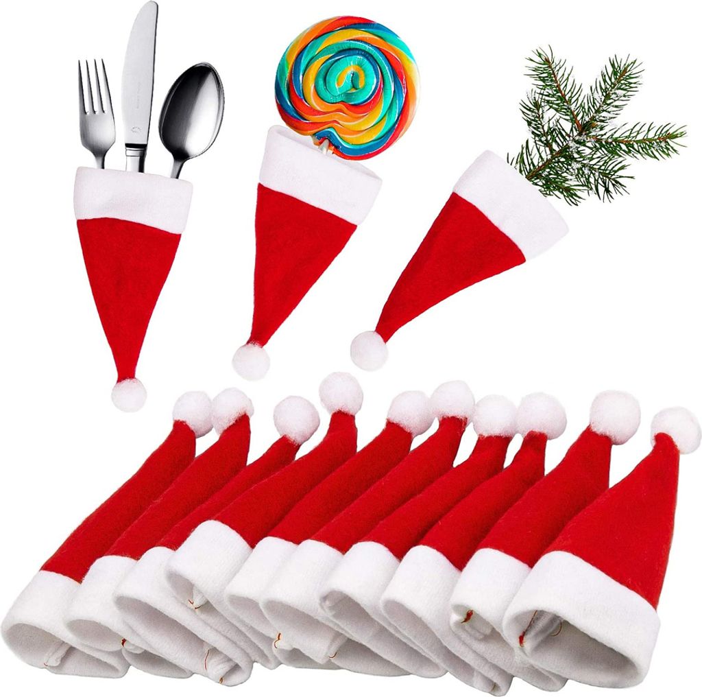 Mini-Weihnachtsmützen, Weihnachtsbesteckhalter, Mini-Weihnachtsmannmützen für Besteckhalter, Süßigkeitenhüllen, Weinflaschendekor