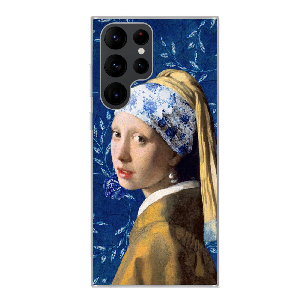 MuchoWow Handyhülle Schutzhülle Hülle für Samsung Galaxy S22 Ultra Mädchen mit Perlenohrring - Delfter Porzellan - Vermeer - Blumen - Gemäl...