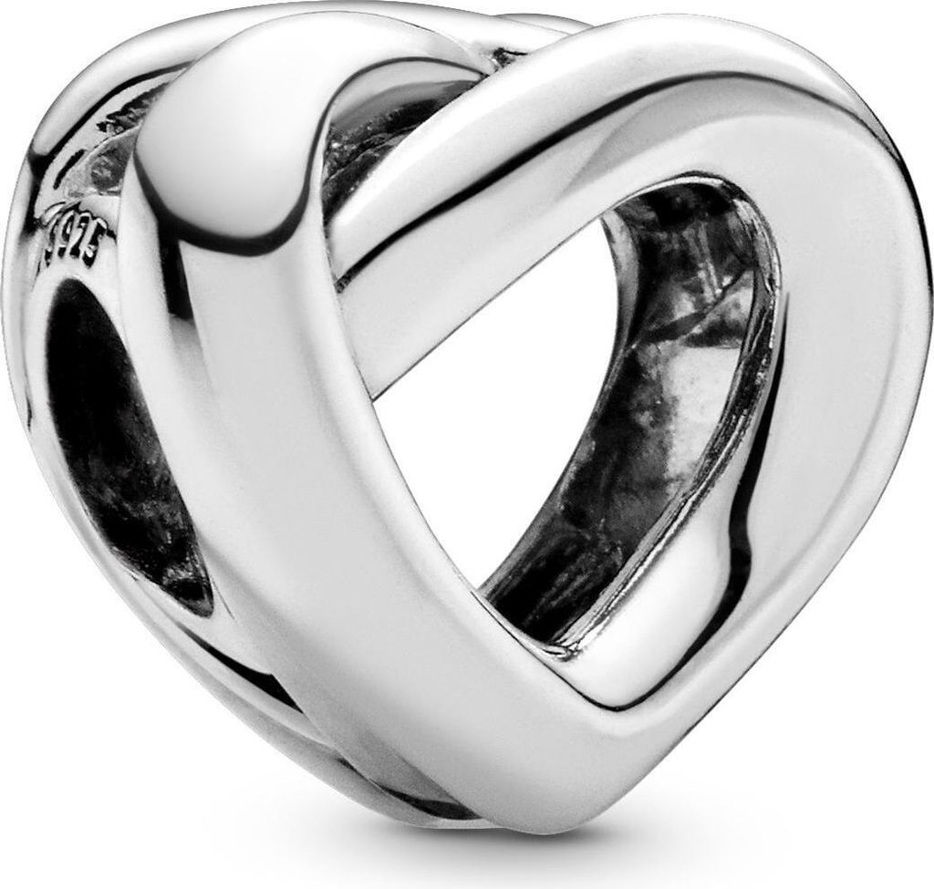 A close-up studio shot of a silver Pandora charm shaped like intertwined hearts.