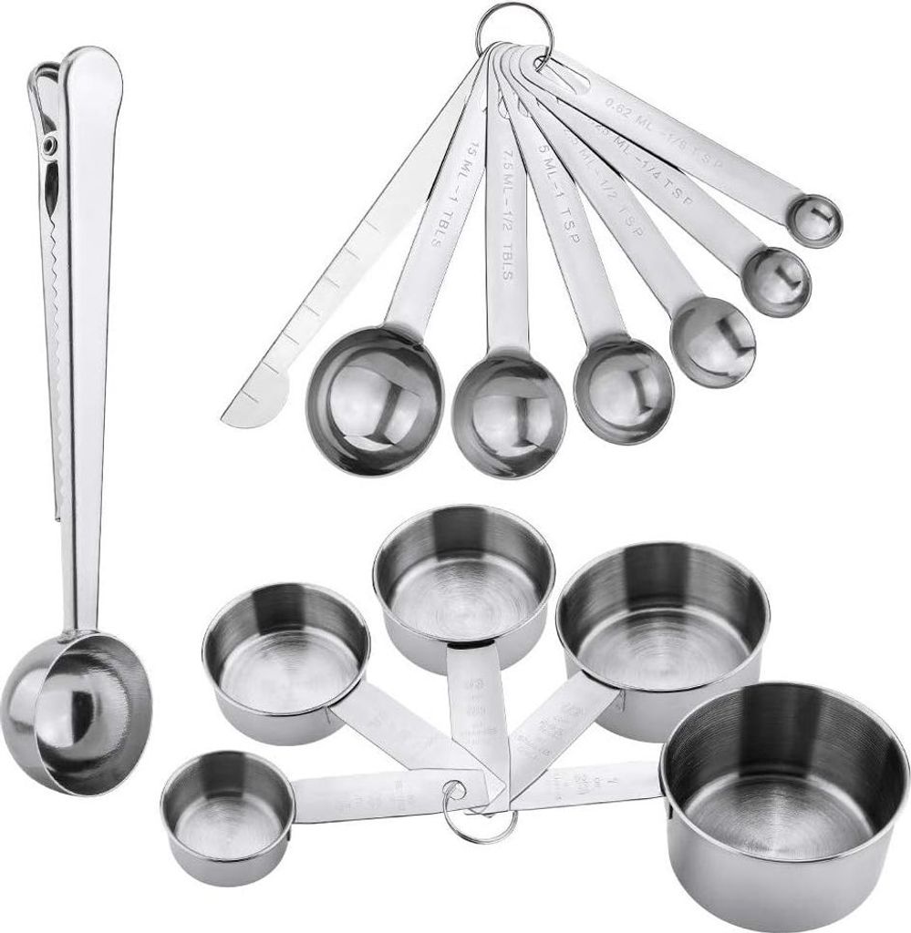 13-teiliges Messbesteck-Set aus Edelstahl mit Messlineal, 5 Messbechern, 6 Messlöffeln und Kaffeemesslöffel mit Clip für trockene und flüssige ...