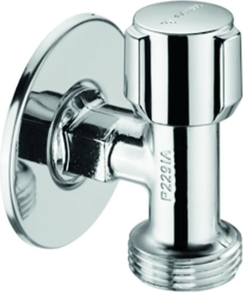 A close-up studio shot of a chrome angle valve.