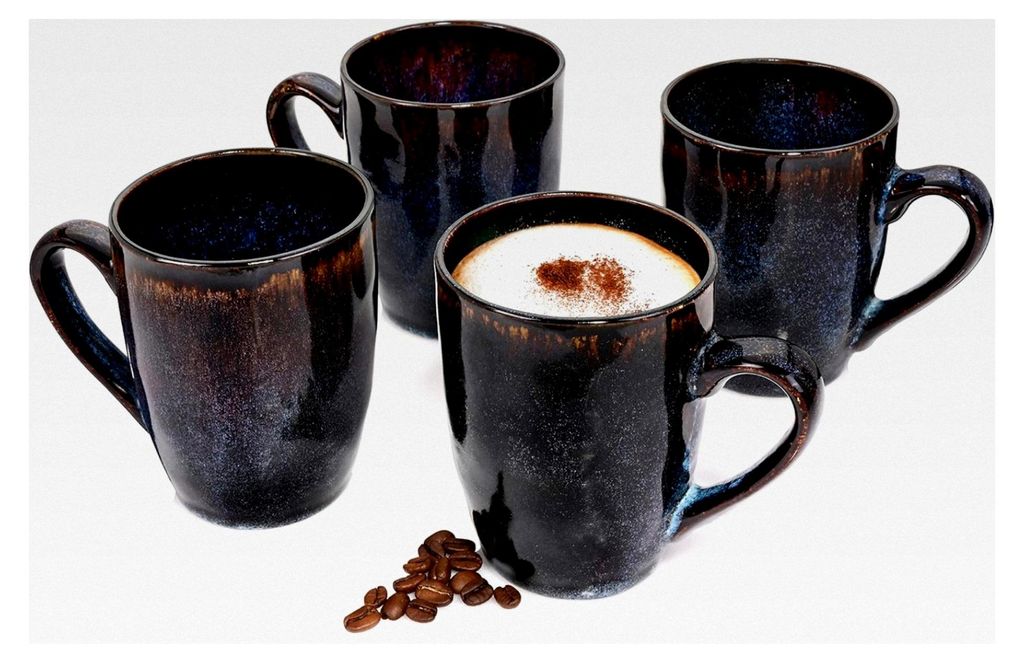 Kaffeetassen Set Tokio 4-teilig, Kaffeebecher Set für 4 Personen, Steingut Tassen spülmaschinenfest, handgefertigtes Tassen Set in Blau-Schwarz m...